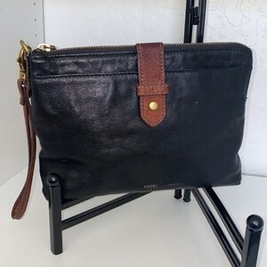 Fossil Black Leather Large Clutch & Wristlet EUC